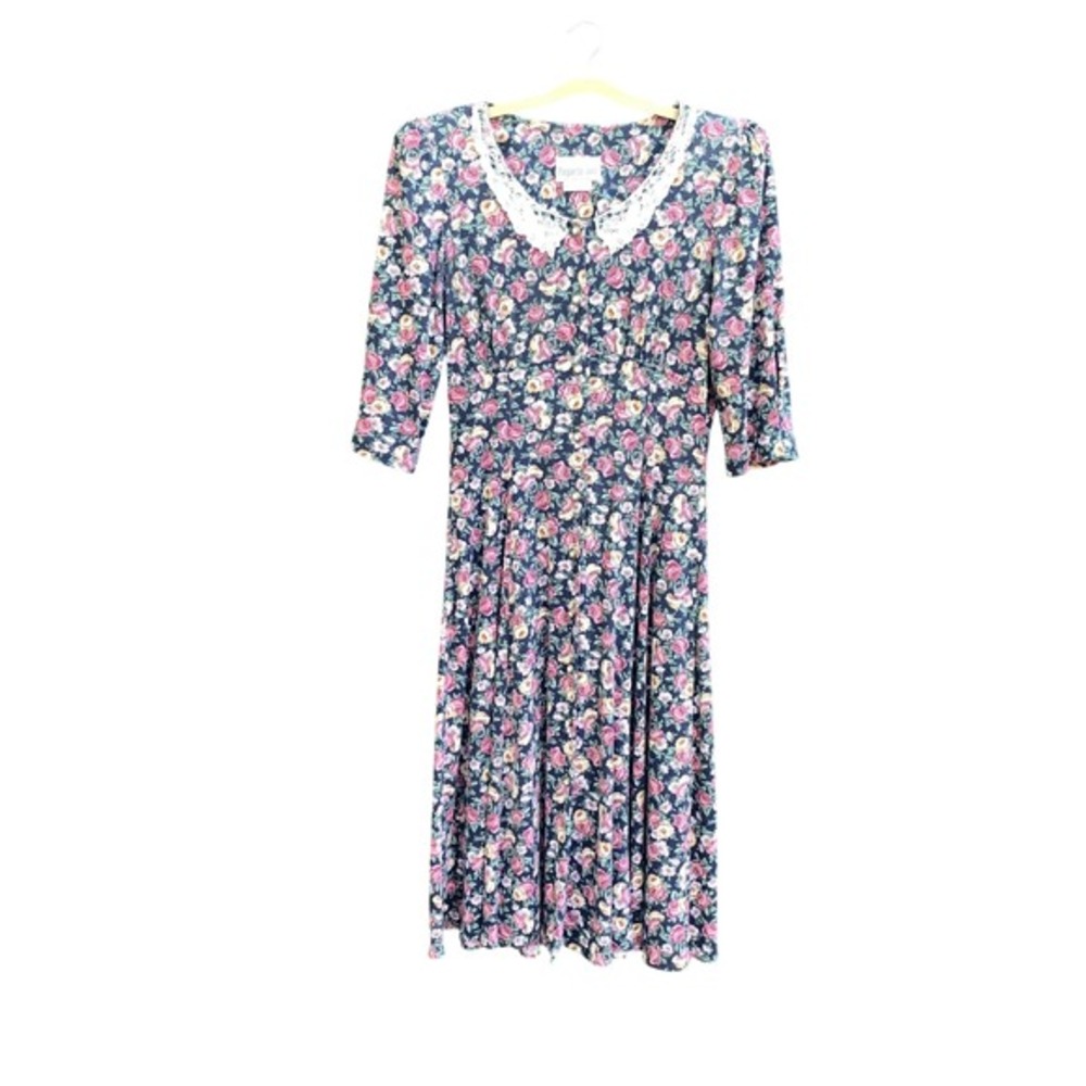 VINTAGE Paquette Too! Dress‎ Womens 10 Navy Floral Lace Collar Midi Made USA 90s